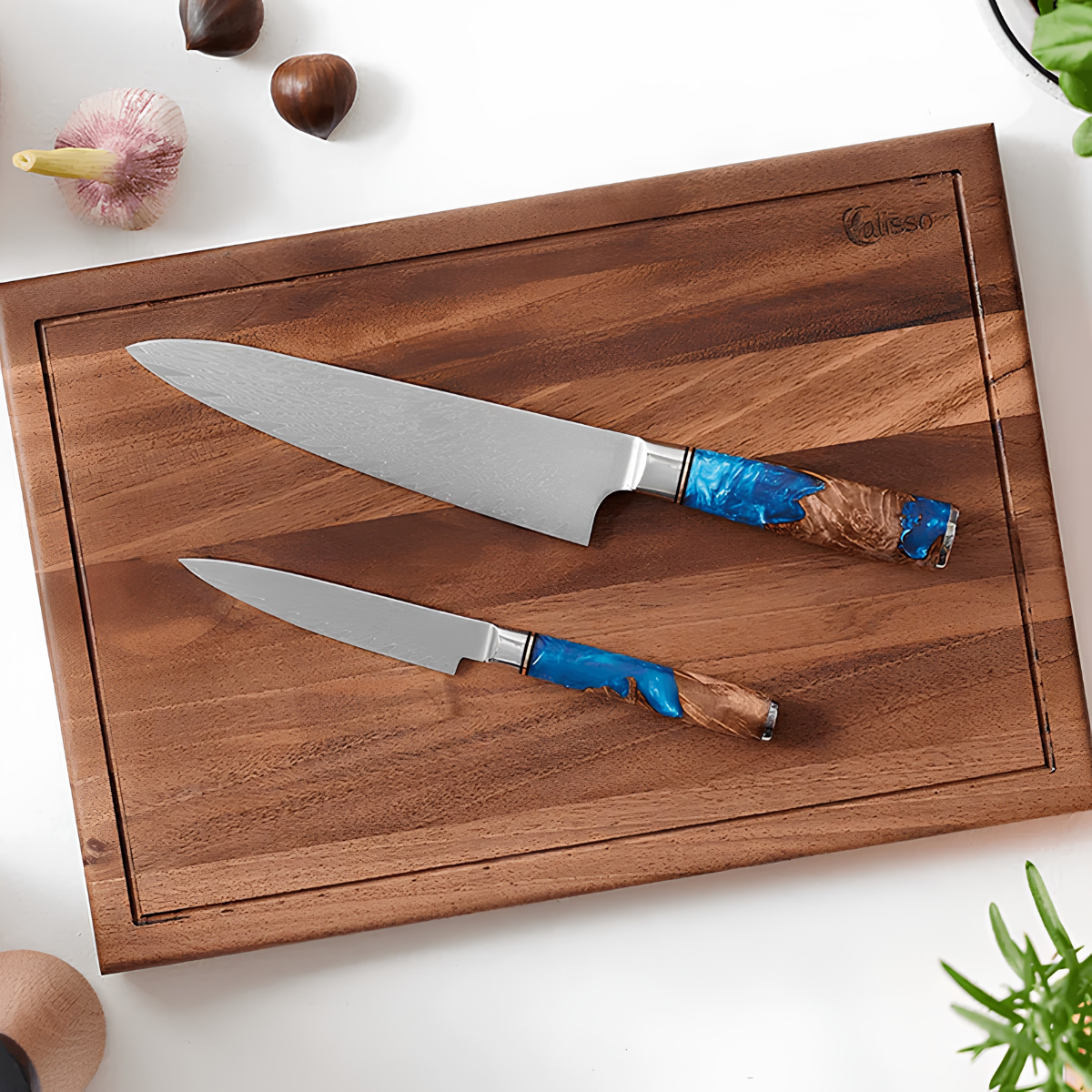 Syvek Japanese Damascus 7-Piece Set - Deep Sea and Wood Edition