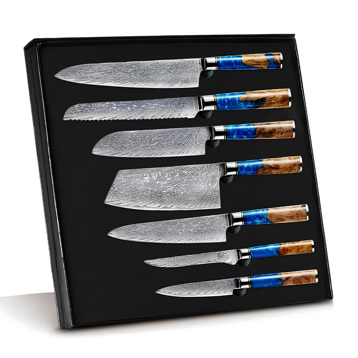 Syvek Japanese Damascus 7-Piece Set - Deep Sea and Wood Edition