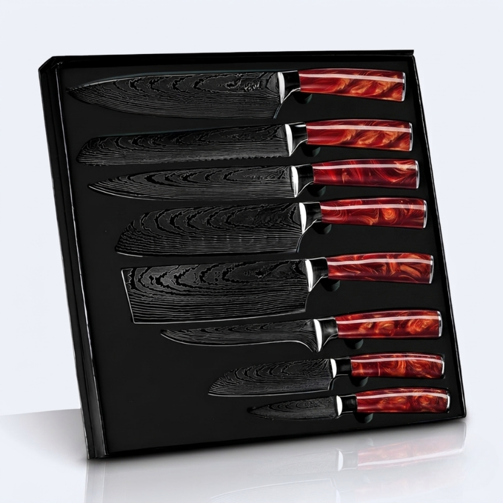Syvek Japanese Damascus 8-Piece Set – Tobacco Red Edition