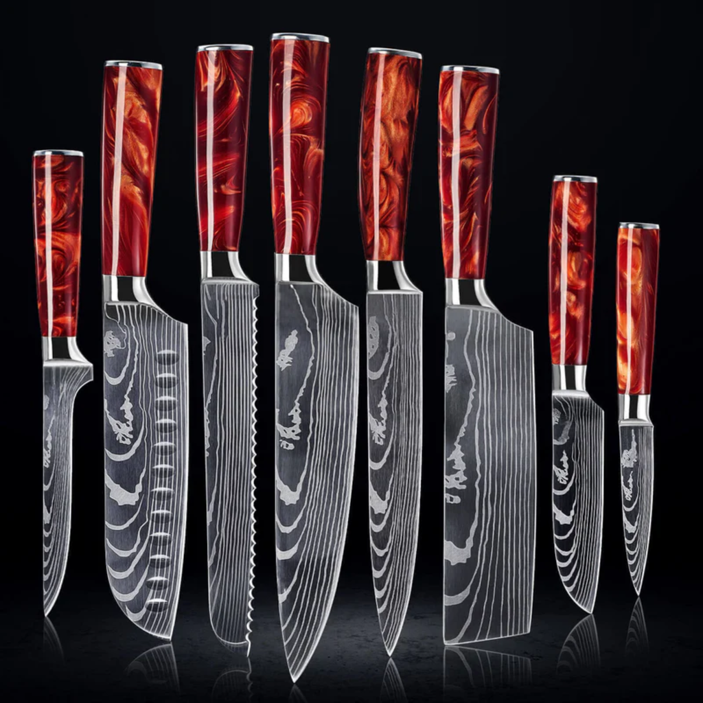 Syvek Japanese Damascus 8-Piece Set – Tobacco Red Edition