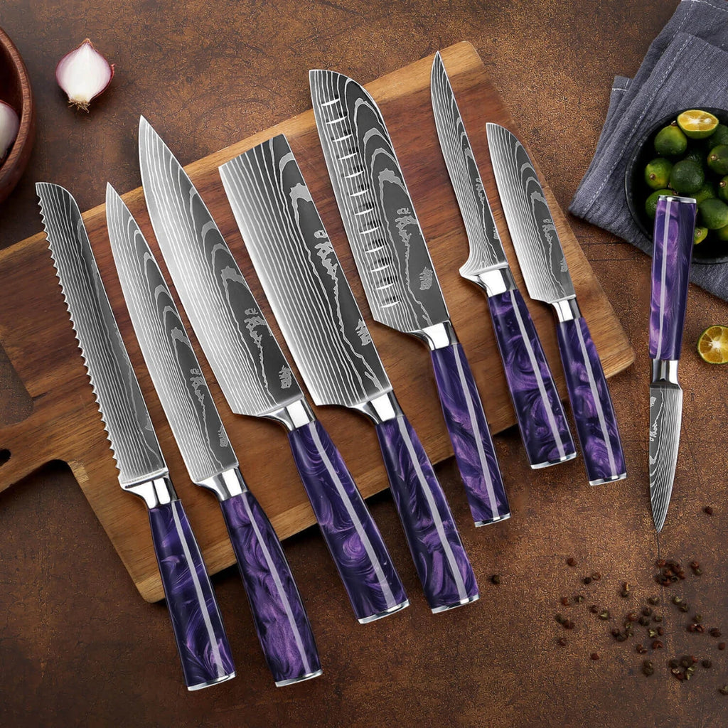 Syvek Japanese Damascus 8-Piece Set – Amethyst Stone Edition