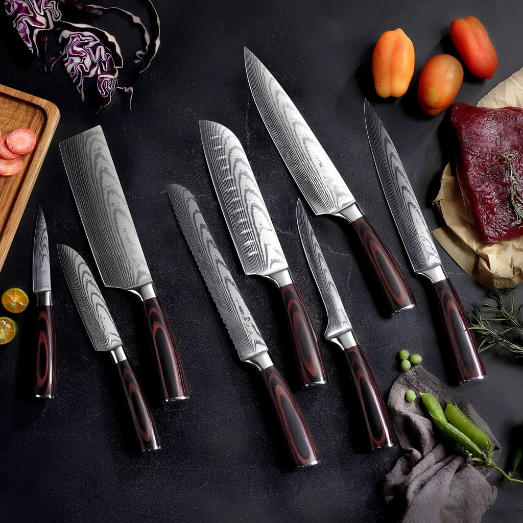Syvek Japanese Damascus 8-Piece Set – Crimson Pakkawood Edition