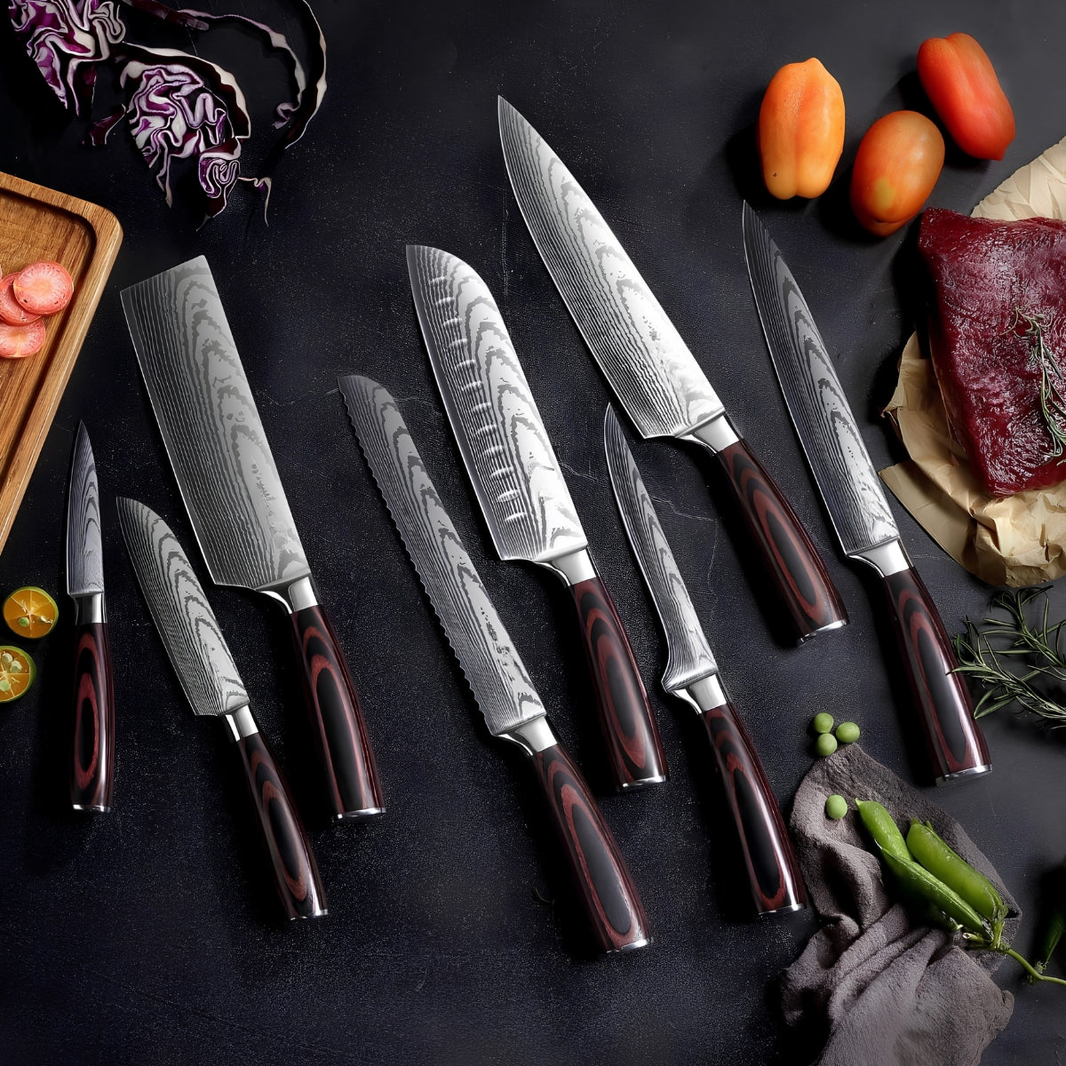 Syvek Japanese Damascus 8-Piece Set – Crimson Pakkawood Edition