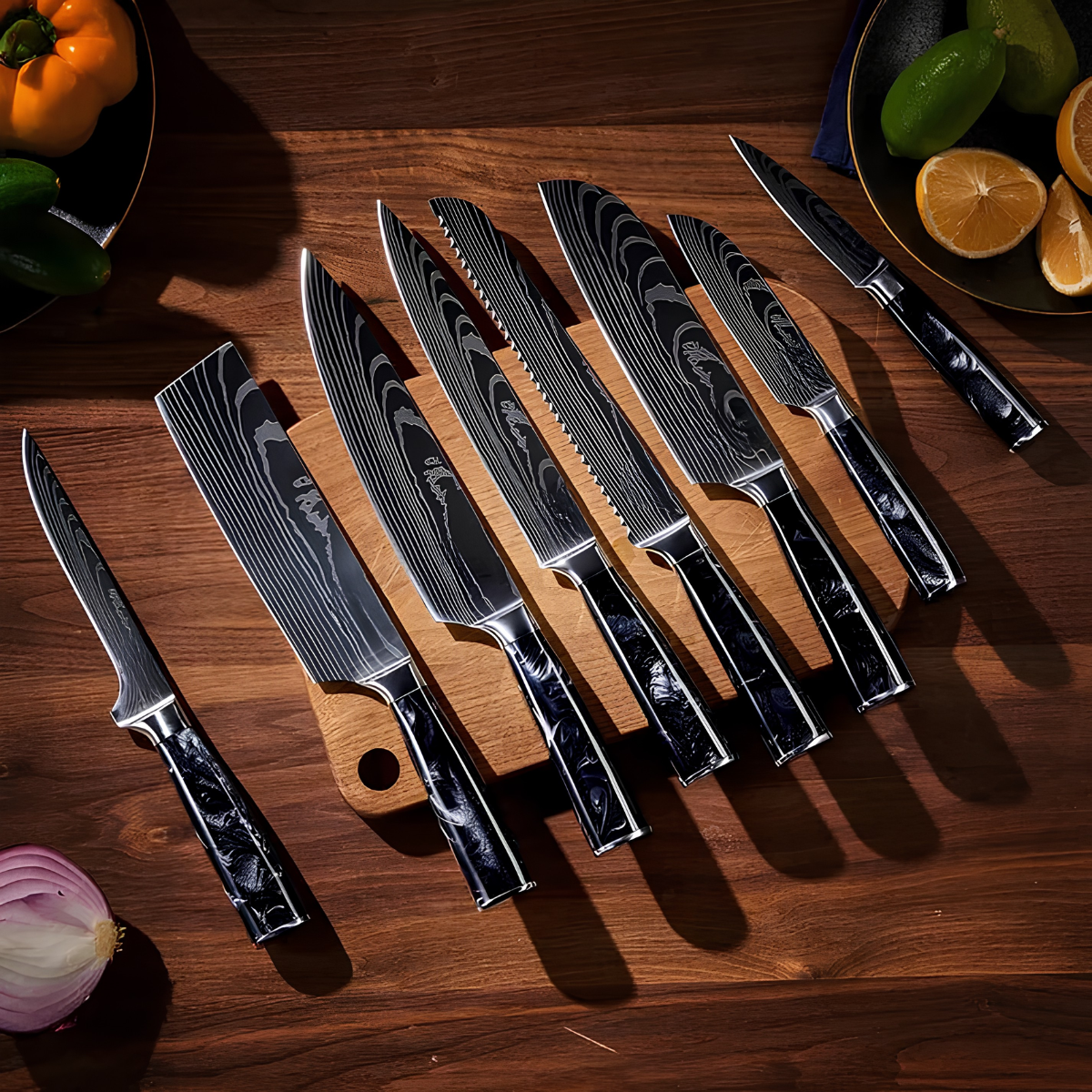 Syvek Japanese Damascus 8-Piece Set – Black Resin Edition