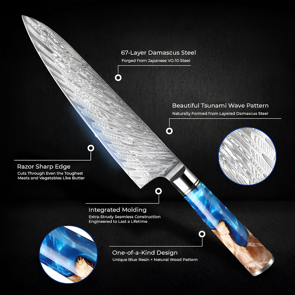 Syvek Japanese Damascus 7-Piece Set - Deep Sea and Wood Edition