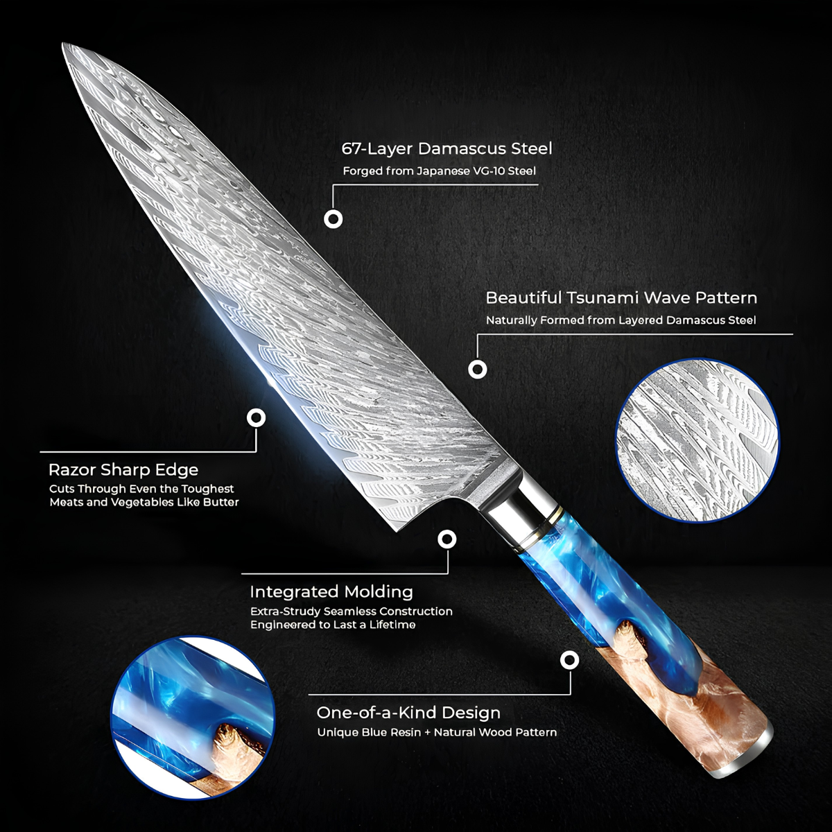 Syvek Japanese Damascus 7-Piece Set - Deep Sea and Wood Edition