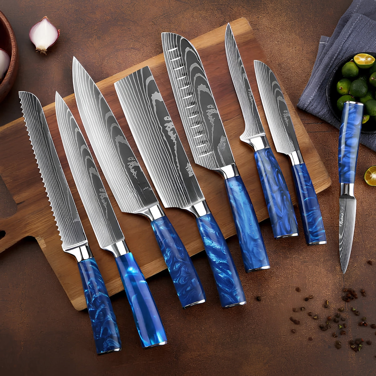 Syvek Japanese Damascus 8-Piece Set – Sapphire Resin Edition