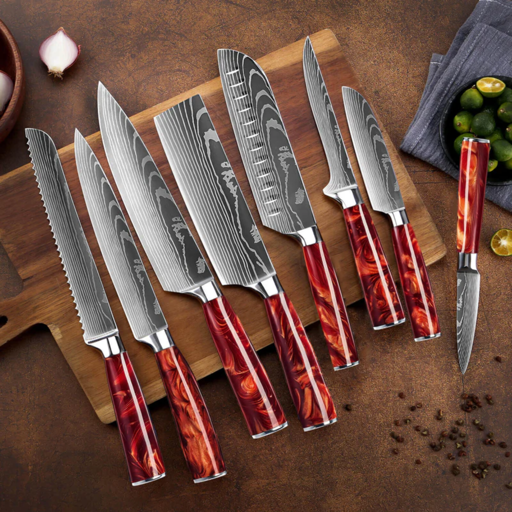 Syvek Japanese Damascus 8-Piece Set – Tobacco Red Edition