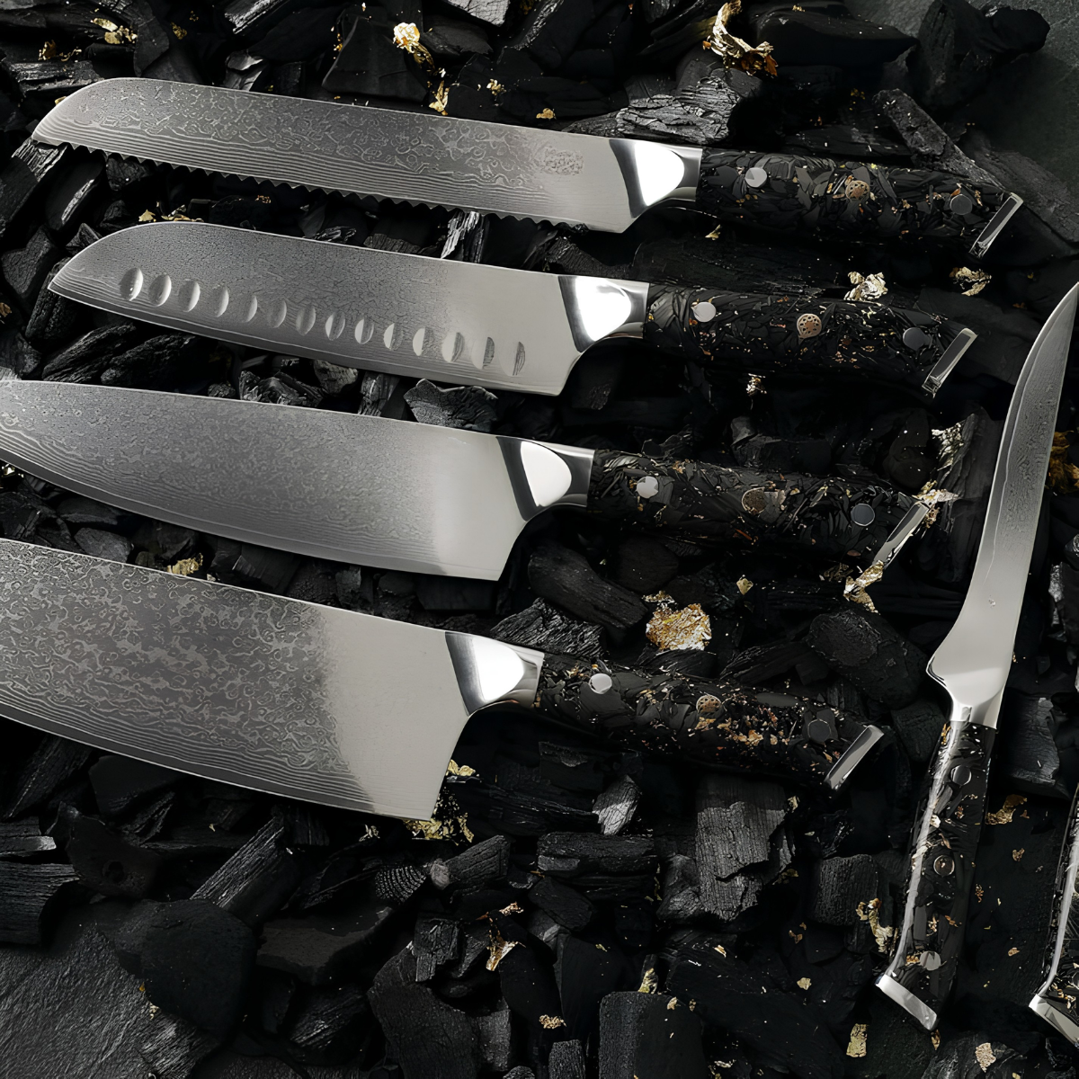 Syvek Japanese Damascus 6-Piece Set - Charcoal and Gold Edition
