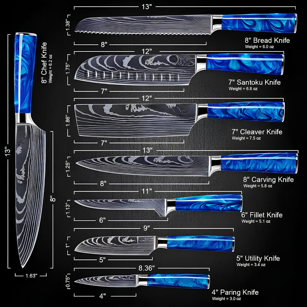 Syvek Japanese Damascus 8-Piece Set – Sapphire Resin Edition