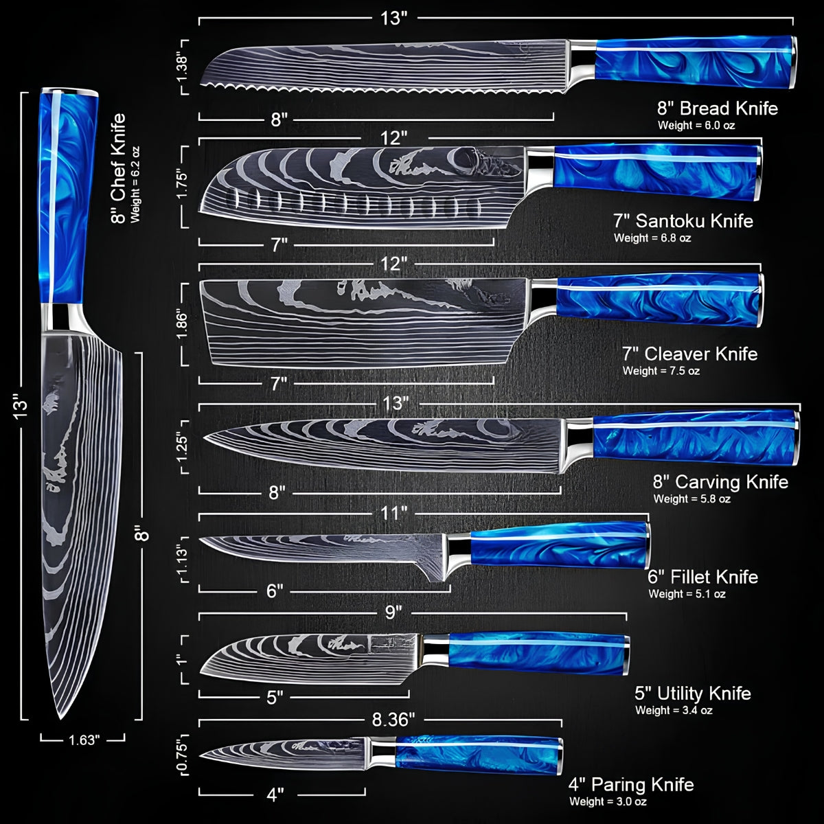 Syvek Japanese Damascus 8-Piece Set – Sapphire Resin Edition