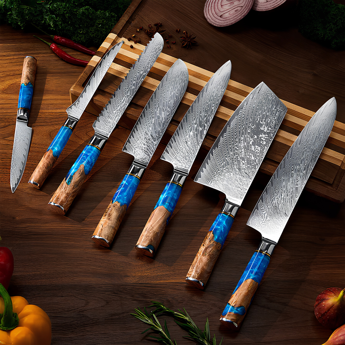 Syvek Japanese Damascus 7-Piece Set - Deep Sea and Wood Edition