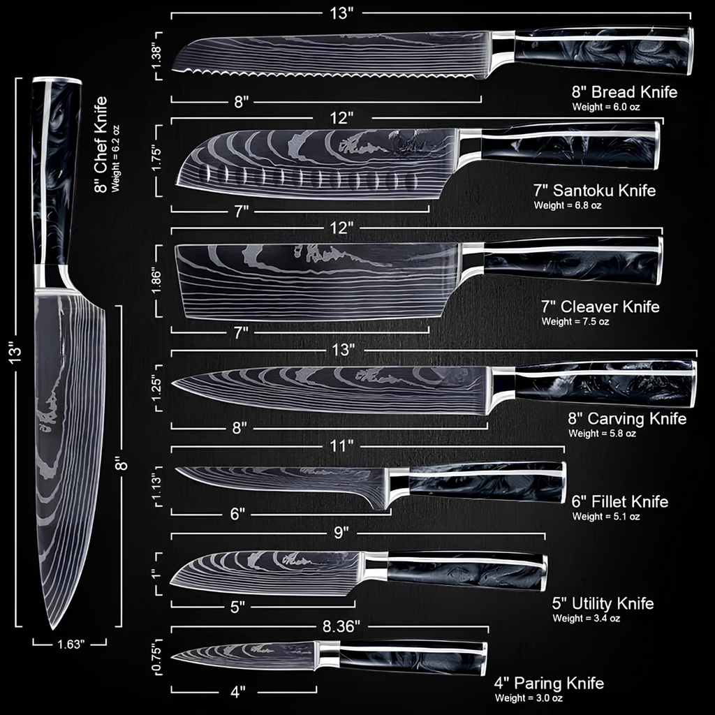 Syvek Japanese Damascus 8-Piece Set – Black Resin Edition