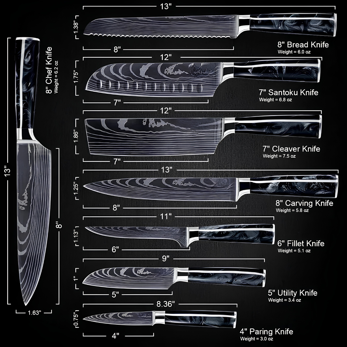 Syvek Japanese Damascus 8-Piece Set – Black Resin Edition