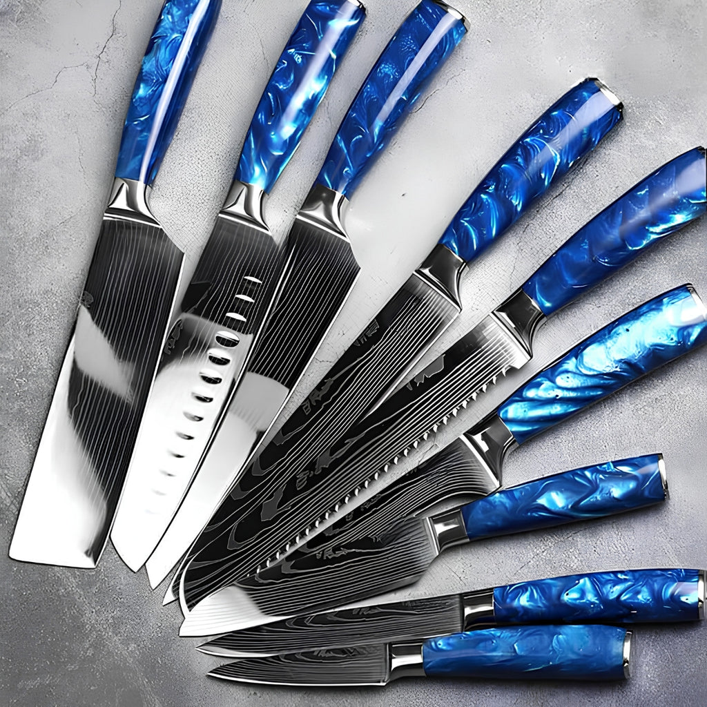 Syvek Japanese Damascus 8-Piece Set – Sapphire Resin Edition