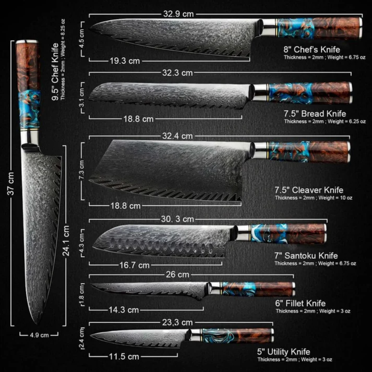 Syvek Japanese Damascus 6-Piece Set - Celtic Wood Edition