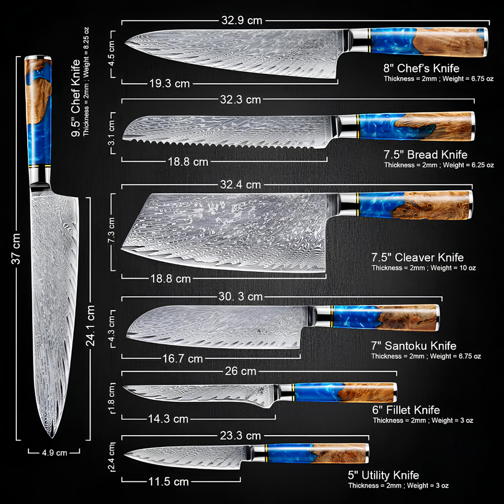 Syvek Japanese Damascus 7-Piece Set - Deep Sea and Wood Edition