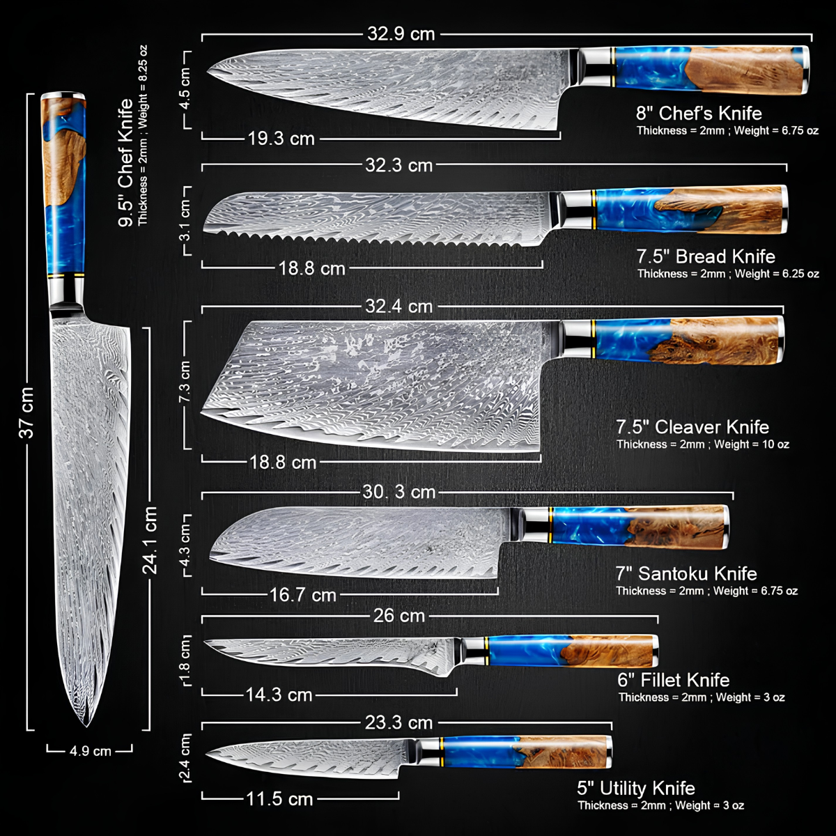 Syvek Japanese Damascus 7-Piece Set - Deep Sea and Wood Edition