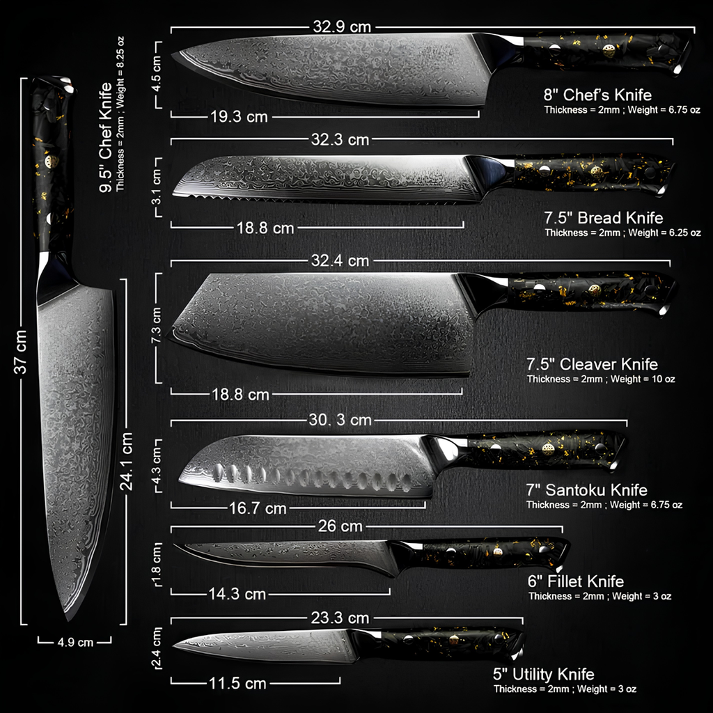 Syvek Japanese Damascus 6-Piece Set - Charcoal and Gold Edition