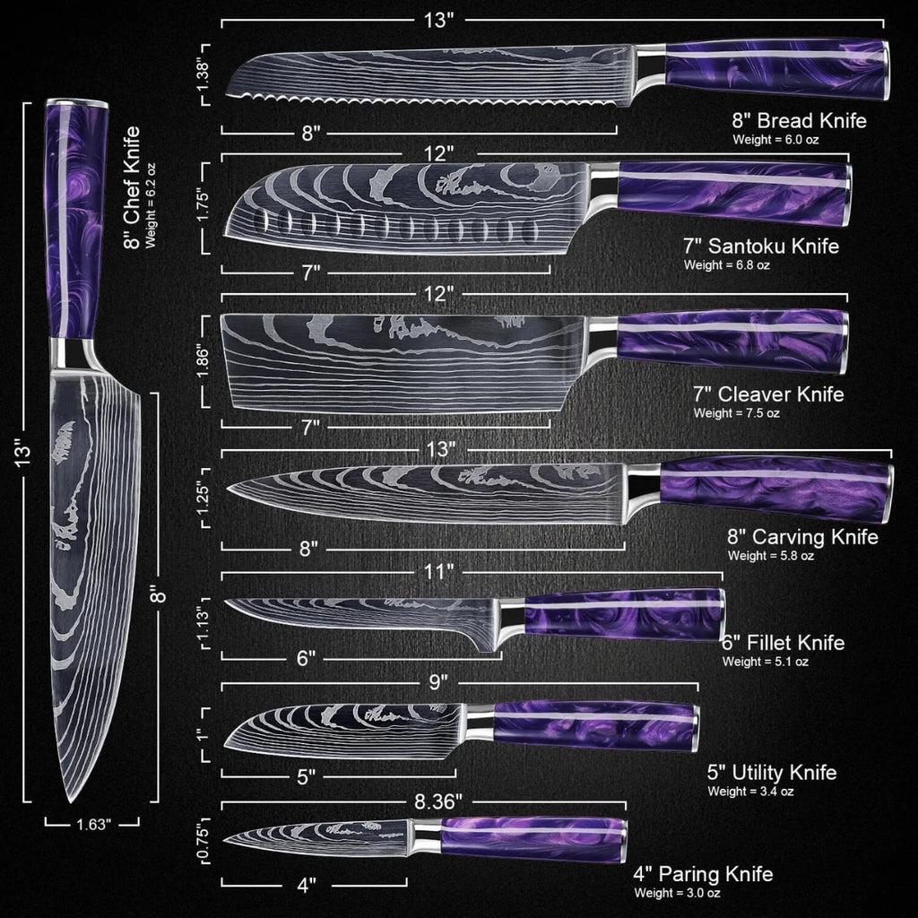 Syvek Japanese Damascus 8-Piece Set – Amethyst Stone Edition