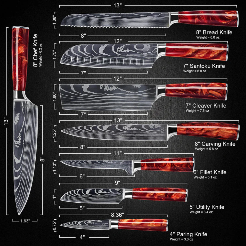 Syvek Japanese Damascus 8-Piece Set – Tobacco Red Edition