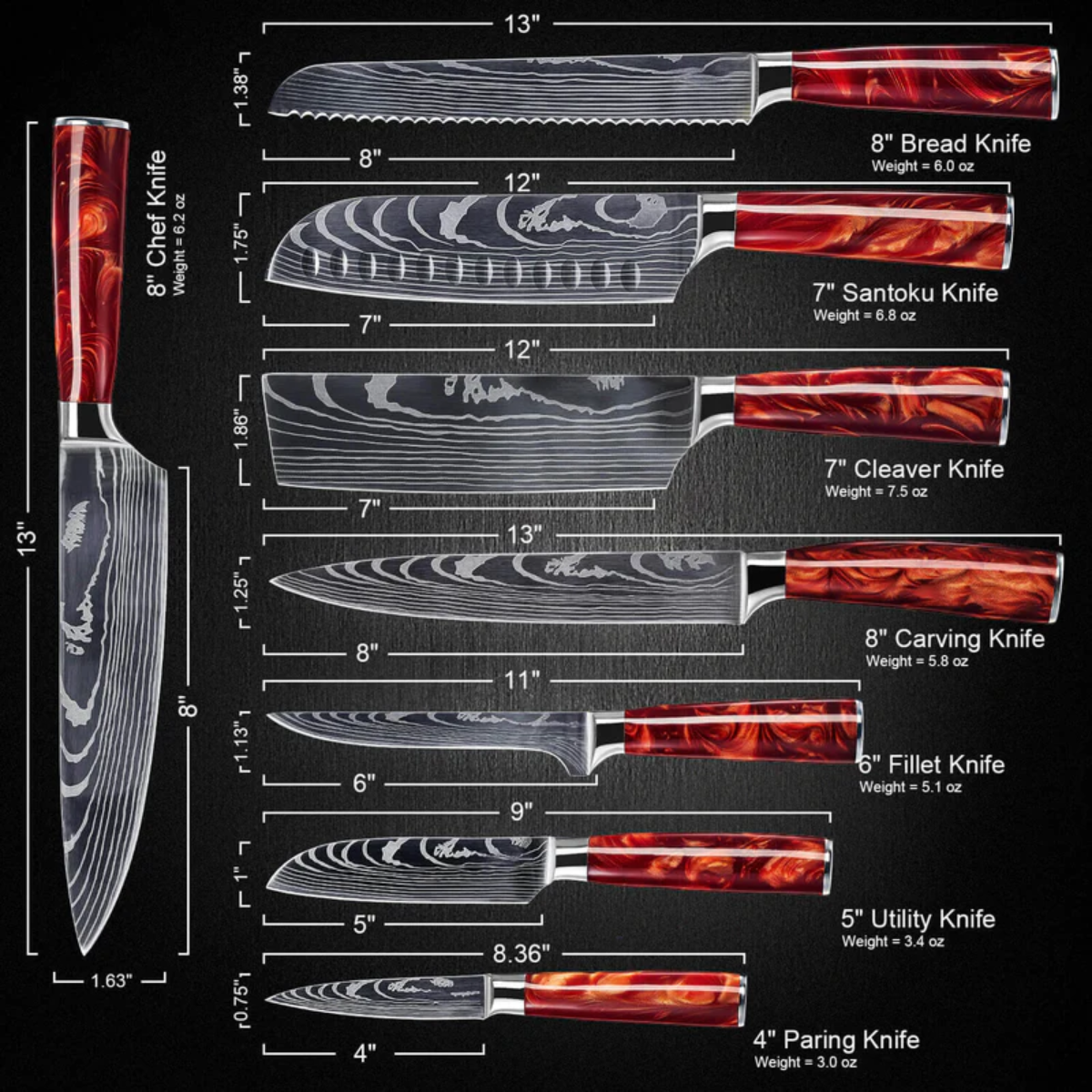 Syvek Japanese Damascus 8-Piece Set – Tobacco Red Edition