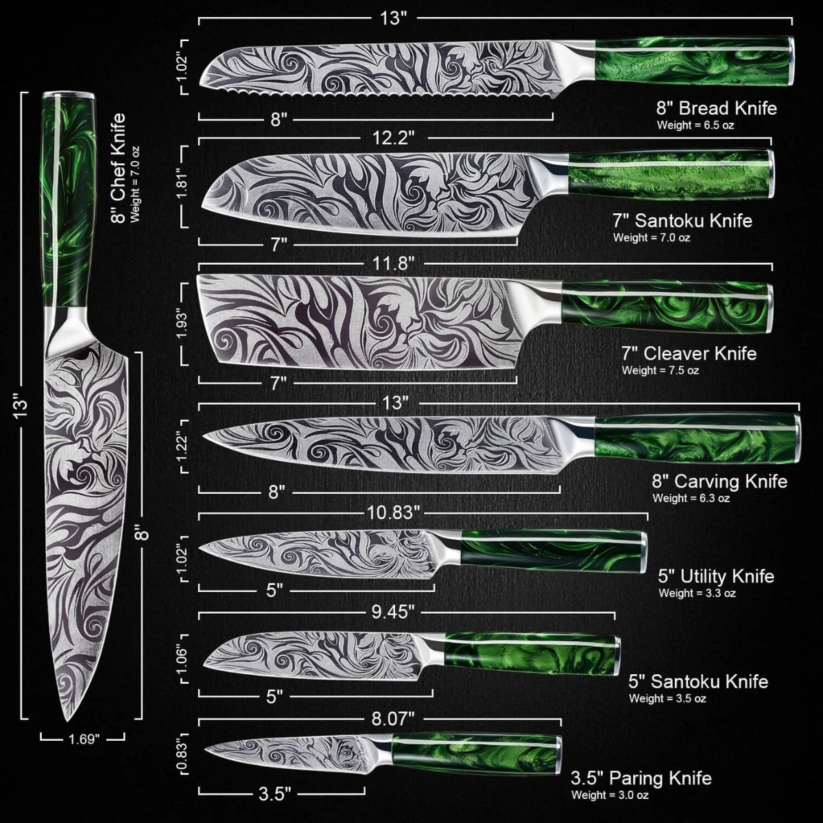 Syvek Japanese Damascus 8-Piece Set – Sidória Green Edition