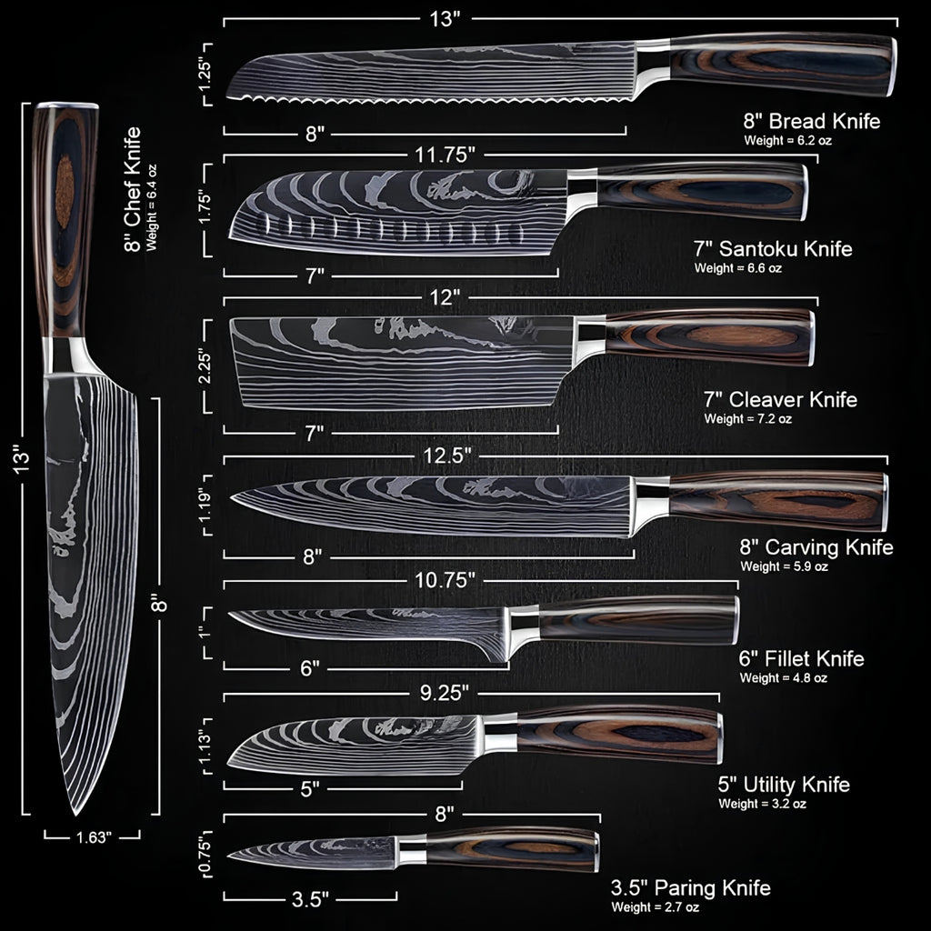 Syvek Japanese Damascus 8-Piece Set – Crimson Pakkawood Edition
