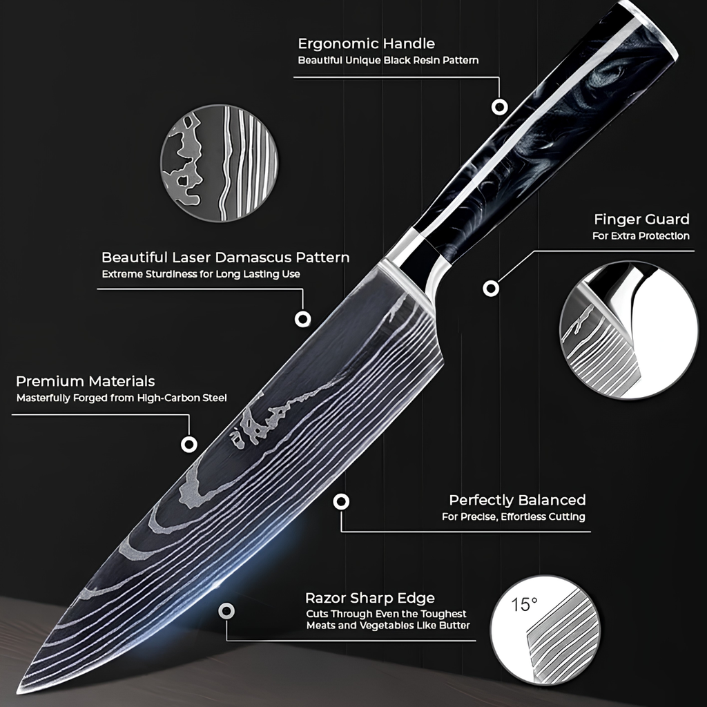 Syvek Japanese Damascus 8-Piece Set – Black Resin Edition