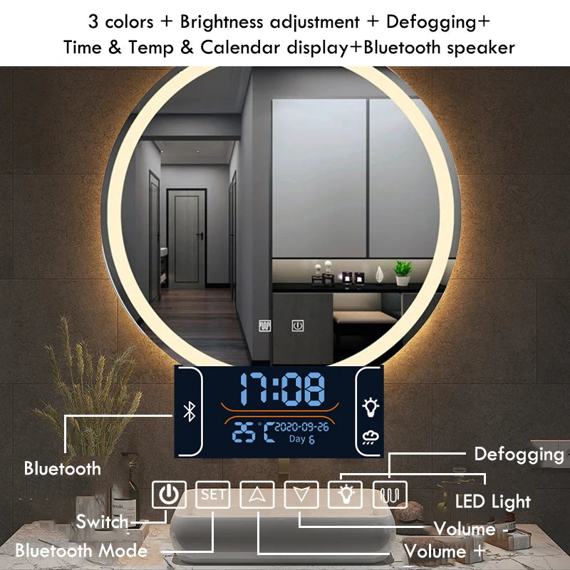 Espejo redondo inteligente para maquillaje, espejo de baño con luz LED ajustable de 3 colores, multifunción, con Altavoz Bluetooth, 50CM/60cm