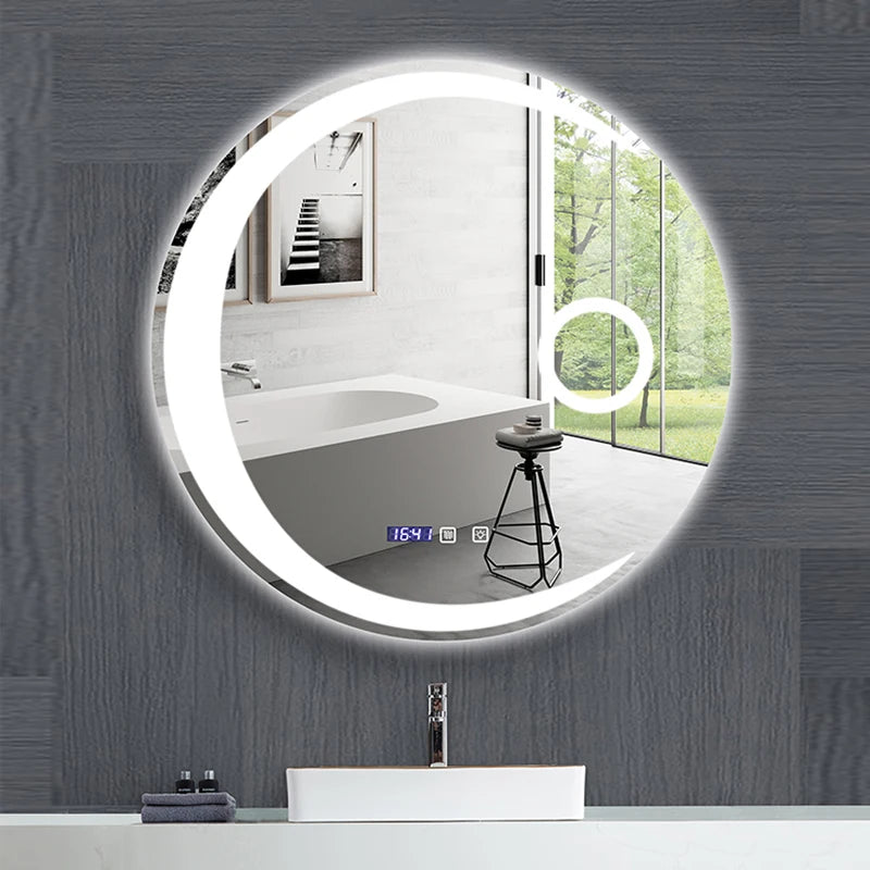 Espejo de baño con forma de luna redonda, luz LED ajustable de 3 colores con altavoz Bluetooth, espejo de maquillaje inteligente, 40/50/60cm