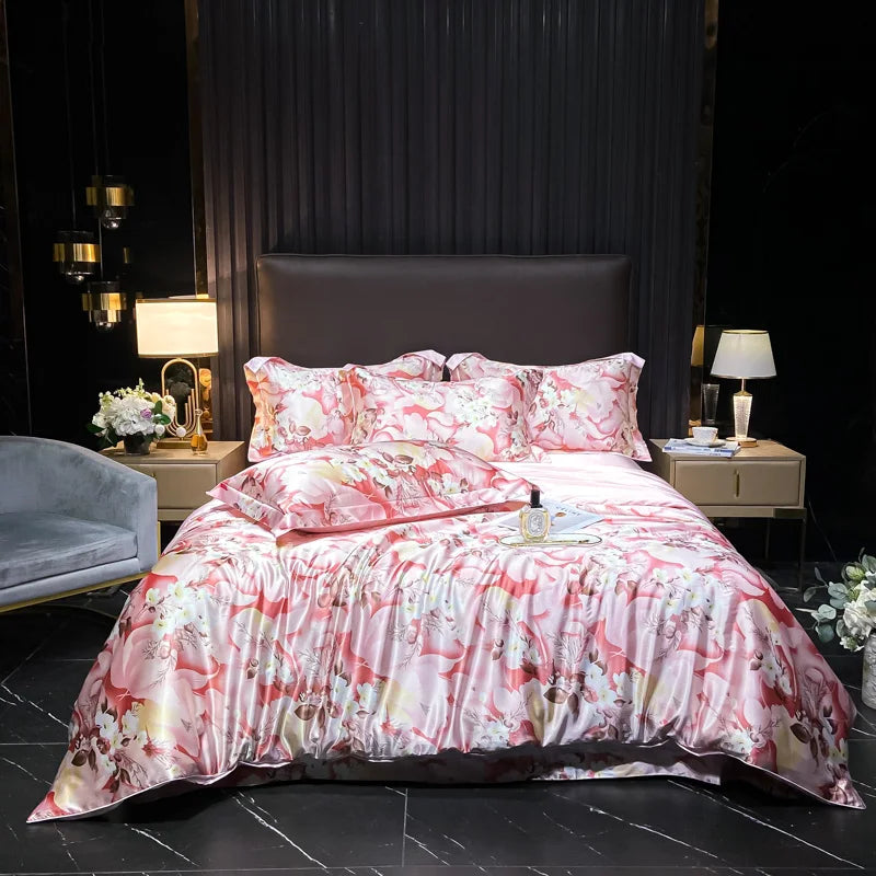 Juego de ropa de cama de seda Natural de alta gama, edredón suave y sedoso de lujo, funda de edredón con estampado individual, doble, tamaño King