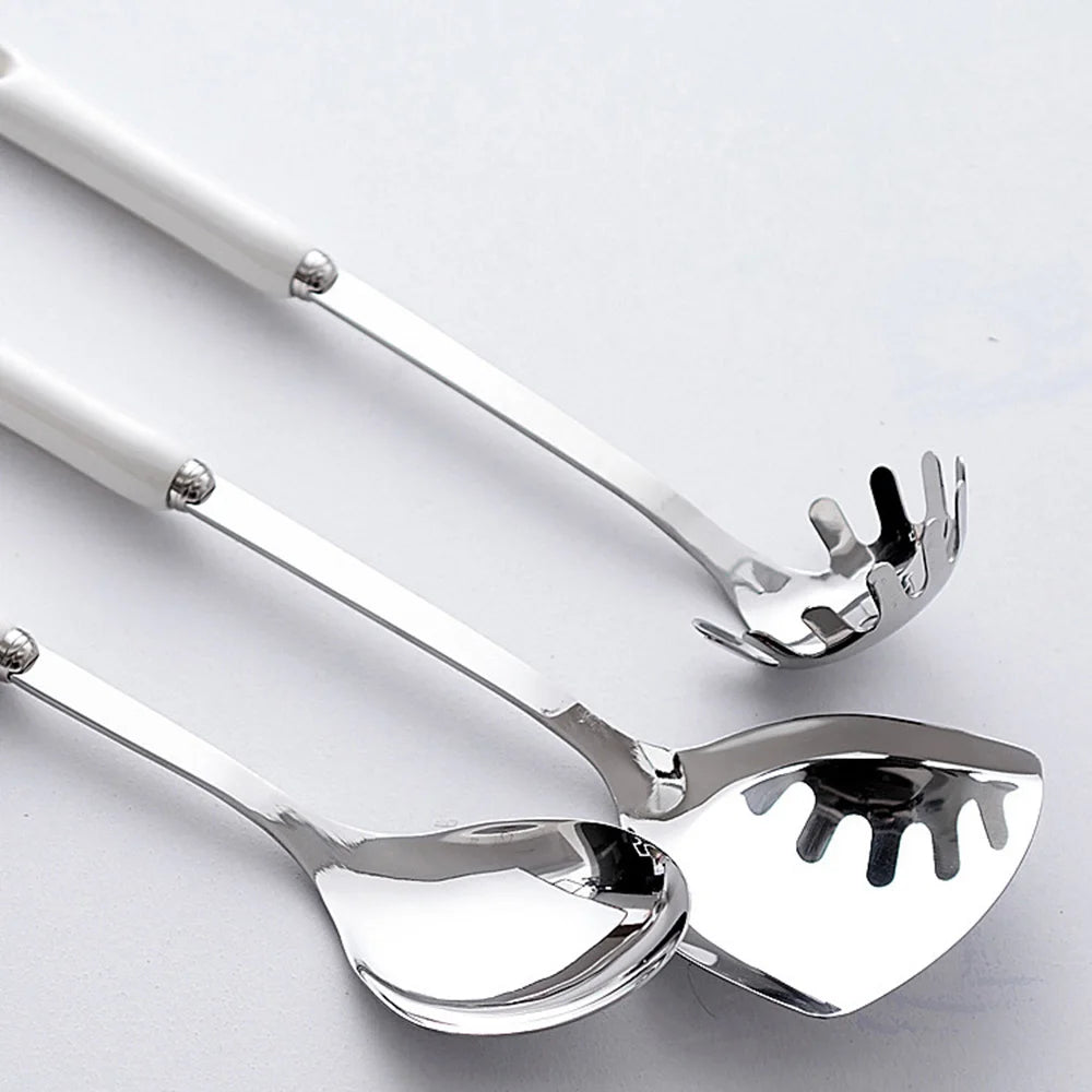 Juego de utensilios de cocina de acero inoxidable con mango de cerámica, 7 piezas, cucharón para sopa, freír, espátula, cuchara coladora, accesorios de cocina