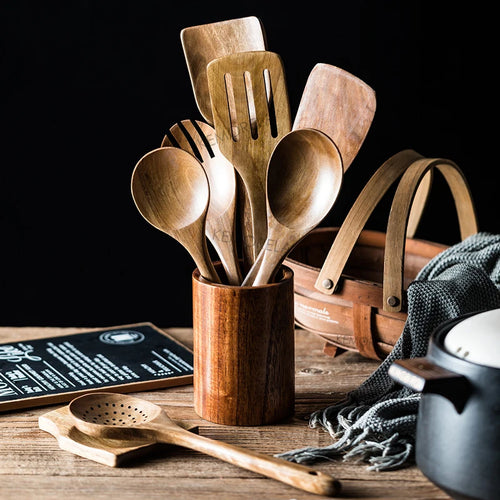 9 cucharas de madera para cocinar, utensilios de madera para cocinar con soporte para utensilios, juego de utensilios de cocina de madera de teca