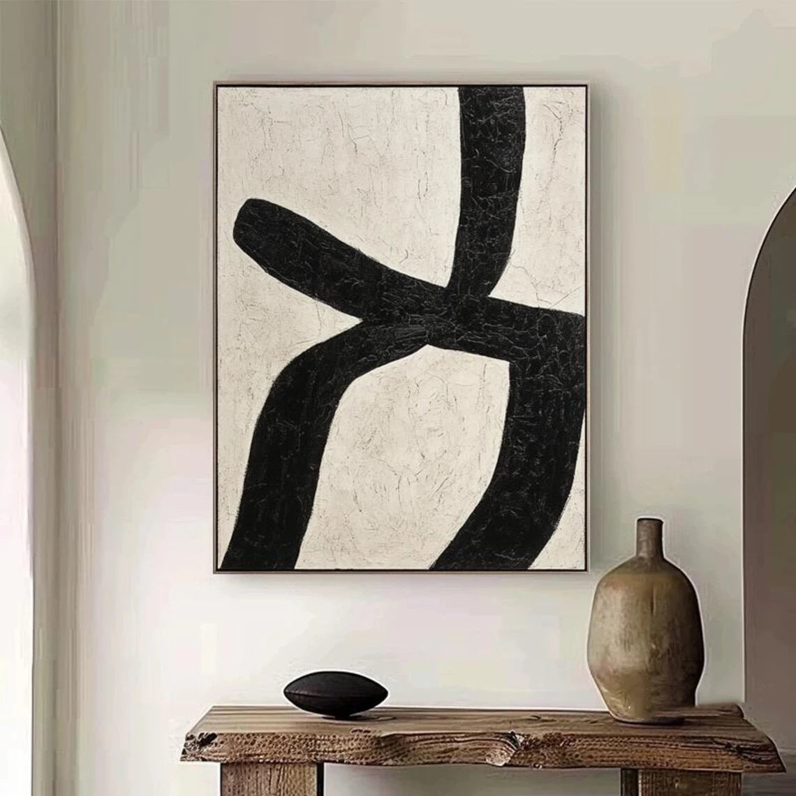 Pintura minimalista Beige hecha a mano, lienzo bohemio, arte de pared, pintura abstracta Beige, pintura de textura negra, decoración de pared de salón