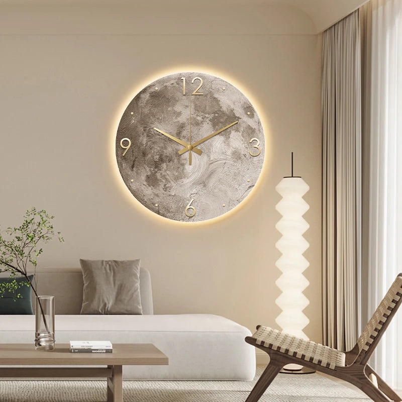 Reloj de pared minimalista moderno para sala de estar, pintura de piedra arenisca de Luna, Ideas de restaurante de moda para el hogar, decoración de pared con luz LED