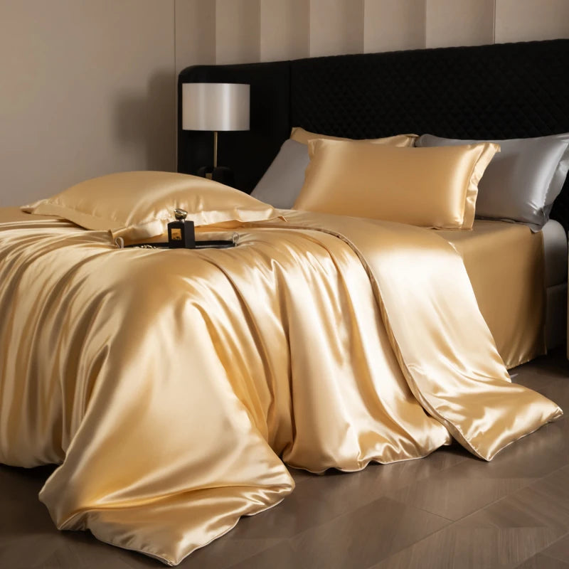 Juego de sábanas de seda, juego de cama de lujo con funda nórdica, sábana bajera ajustada/plana, fundas de almohada mezcladas con rayón King Queen Full Twin