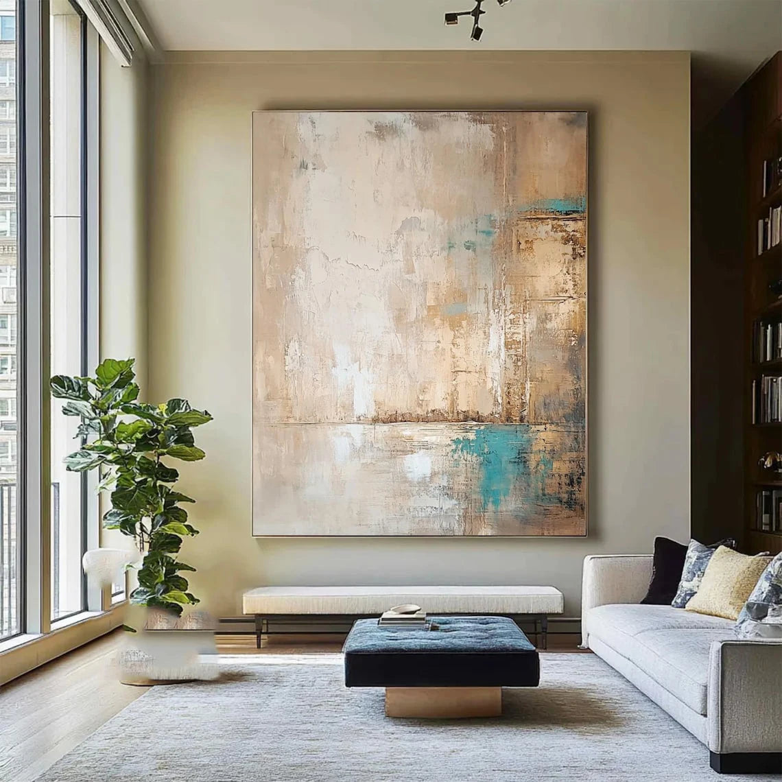 Pintura minimalista Beige hecha a mano, lienzo bohemio, arte de pared, pintura abstracta Beige, pintura de textura negra, decoración de pared de salón