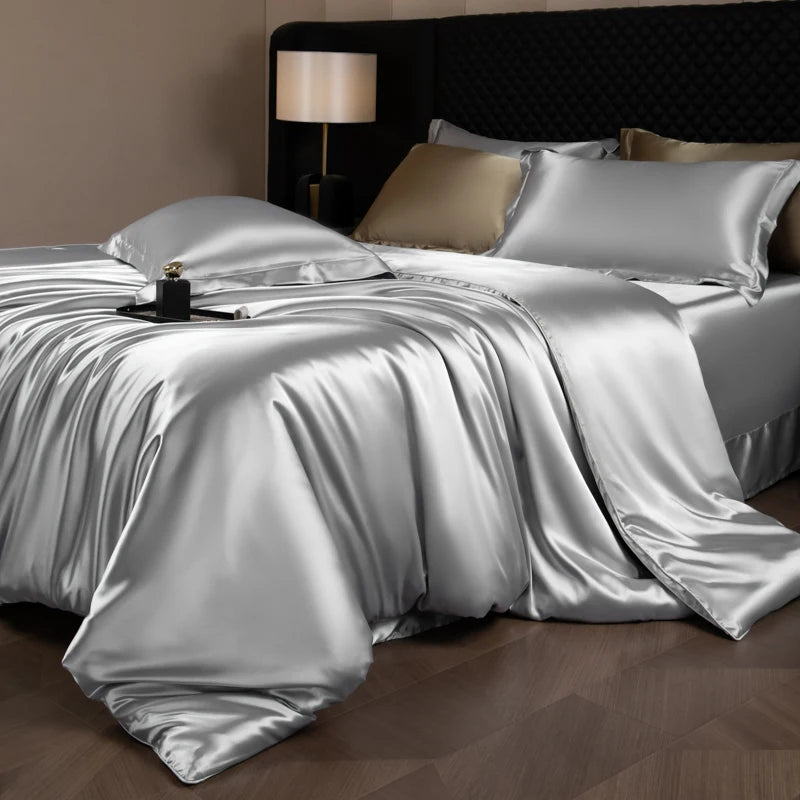Juego de sábanas de seda, juego de cama de lujo con funda nórdica, sábana bajera ajustada/plana, fundas de almohada mezcladas con rayón King Queen Full Twin