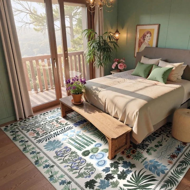 Alfombra para sala de estar, alfombra Floral botánica lavable para dormitorio, mesita de noche, alfombra suave antideslizante para mesa de centro, decoración del hogar