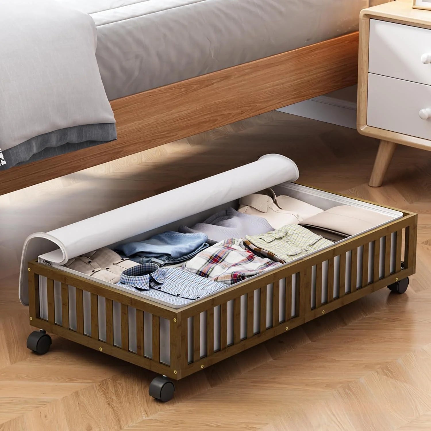Caja de Almacenamiento de Bambú con Ruedas para Debajo de la Cama, para Sala de Estar y Dormitorio, Caja de Madera Simple par...