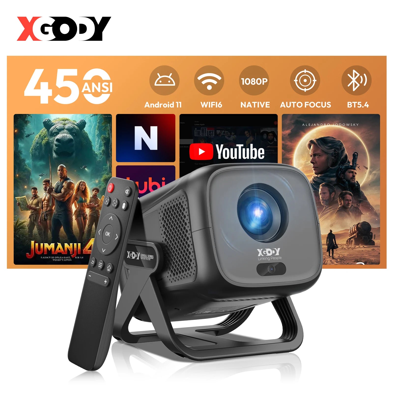Proyector 4K 450ANSI de Tiro Corto, Proyector Android con Autoenfoque y Corrección Trapezoidal, 1080P Nativo, Wifi6, BT5.2, Cine en Casa Portátil