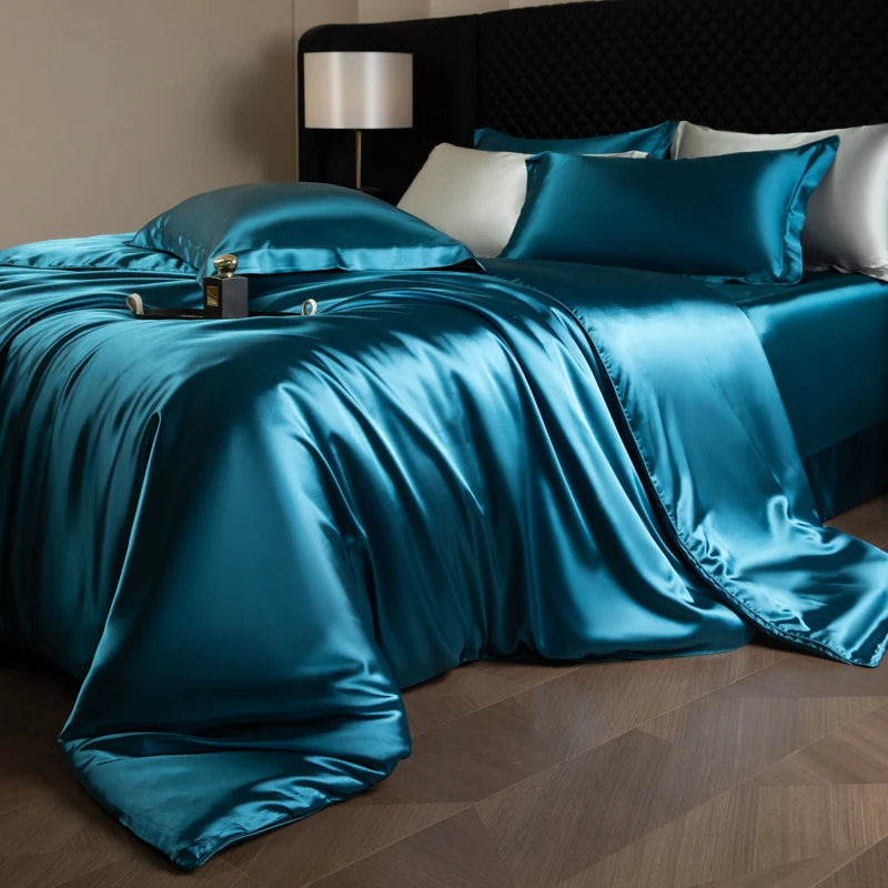 Juego de sábanas de seda, juego de cama de lujo con funda nórdica, sábana bajera ajustada/plana, fundas de almohada mezcladas con rayón King Queen Full Twin