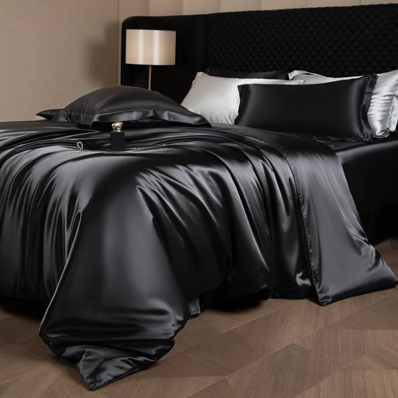 Juego de sábanas de seda, juego de cama de lujo con funda nórdica, sábana bajera ajustada/plana, fundas de almohada mezcladas con rayón King Queen Full Twin