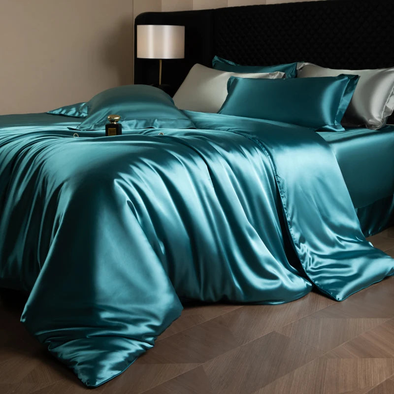 Juego de sábanas de seda, juego de cama de lujo con funda nórdica, sábana bajera ajustada/plana, fundas de almohada mezcladas con rayón King Queen Full Twin
