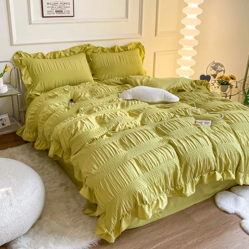 Juego de fundas de edredón con volantes para cama individual, juego de ropa de cama con sábana y fundas de almohada, color blanco, 3/4 piezas, color verde, rosa y gris