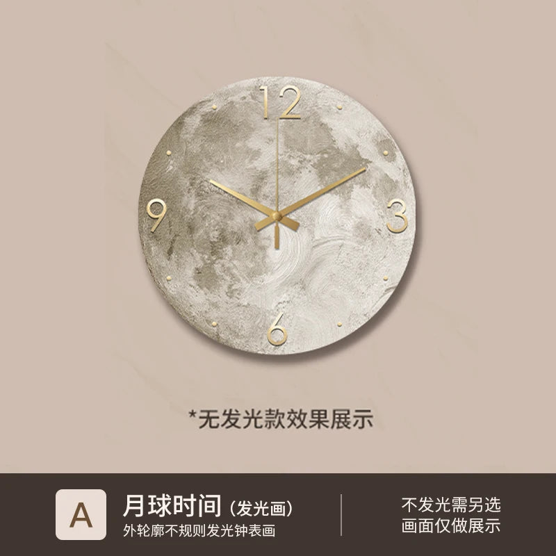 Reloj de pared minimalista moderno para sala de estar, pintura de piedra arenisca de Luna, Ideas de restaurante de moda para el hogar, decoración de pared con luz LED