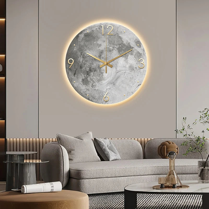 Reloj de pared minimalista moderno para sala de estar, pintura de piedra arenisca de Luna, Ideas de restaurante de moda para el hogar, decoración de pared con luz LED