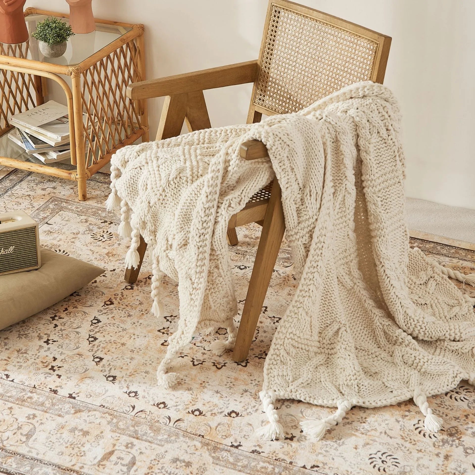 Manta de punto beige nórdica con borlas para sofá, manta decorativa suave y acogedora para sala de estar, regalo de decoración para el hogar