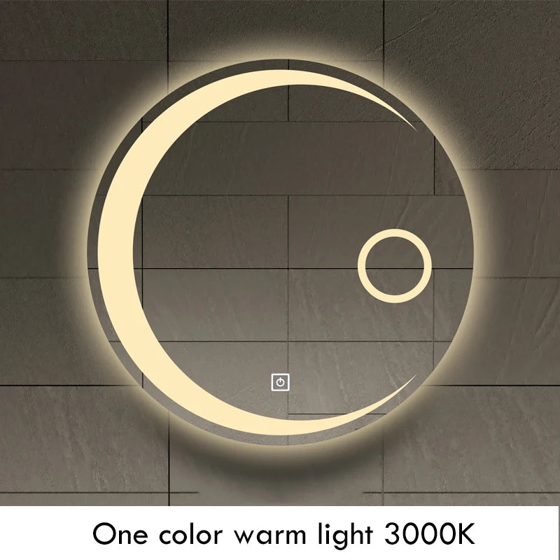 Espejo de baño con forma de luna redonda, luz LED ajustable de 3 colores con altavoz Bluetooth, espejo de maquillaje inteligente, 40/50/60cm
